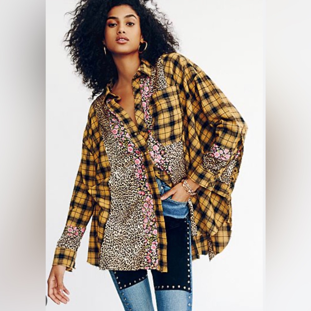 Free People Plaid Floral Buttondown